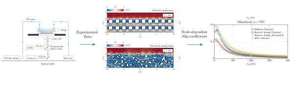 Graphical abstract showing an experimental micromodel setup, flow fields in ordered and disordered porous structures, and the resulting scale-dependent slip coefficients.