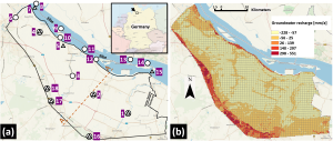 (a) Boundaries of the lower-Saxonian Altes Land model, the location of the salinity and hydraulic head measurements; (b) annual groundwater recharge between 1991 and 2020. Circles indicate salinity measurements, while triangles indicate hydraulic head measurements.