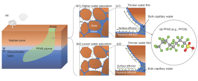 Image showing the interfacial retention processes for per- and polyfluoroalkyl substances (PFAS) in the vadose zone.